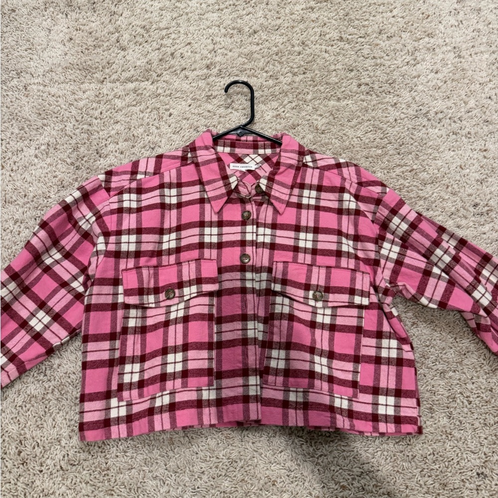Good American Pink Plaid Button Down Shirt